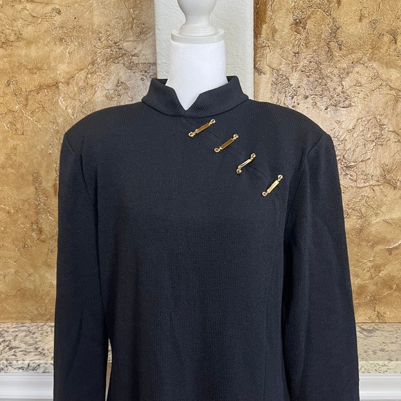 St. John Santana Knit Dress 14 Black Long Sleeve Gold Bar Accents Mock Neck READ - Picture 3 of 12